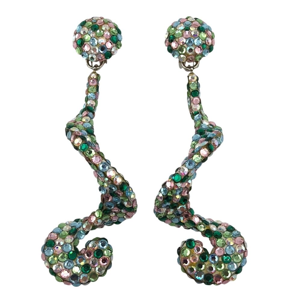 Vintage Richard Kerr 80s Pastel Swirl Crystal Statement Clip-On Earrings